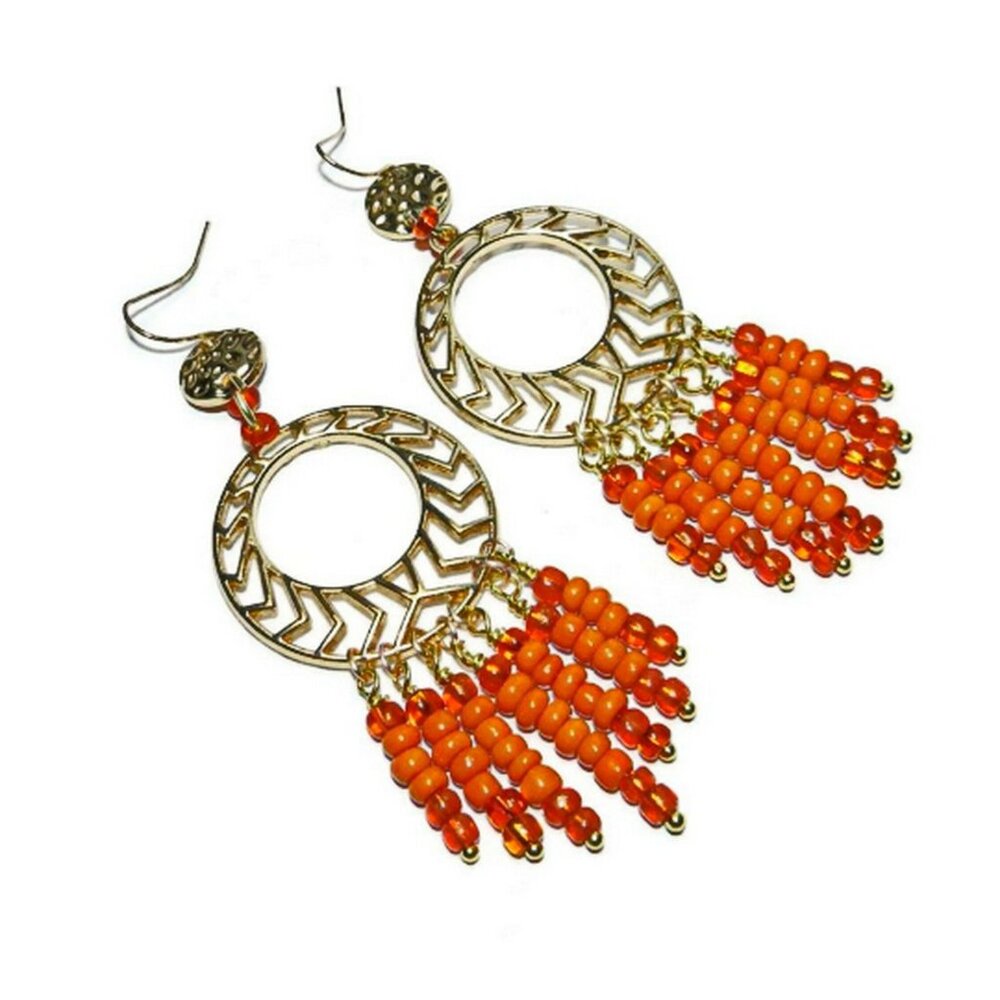 Orange Seed Bead Fringe Hoop Earrings, Large Hoop‎ Earrings